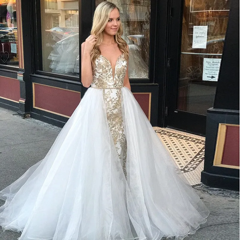 A-Line Spaghetti Straps Floor Length White Detachable Train Prom Dresses with Appliques OKQ65