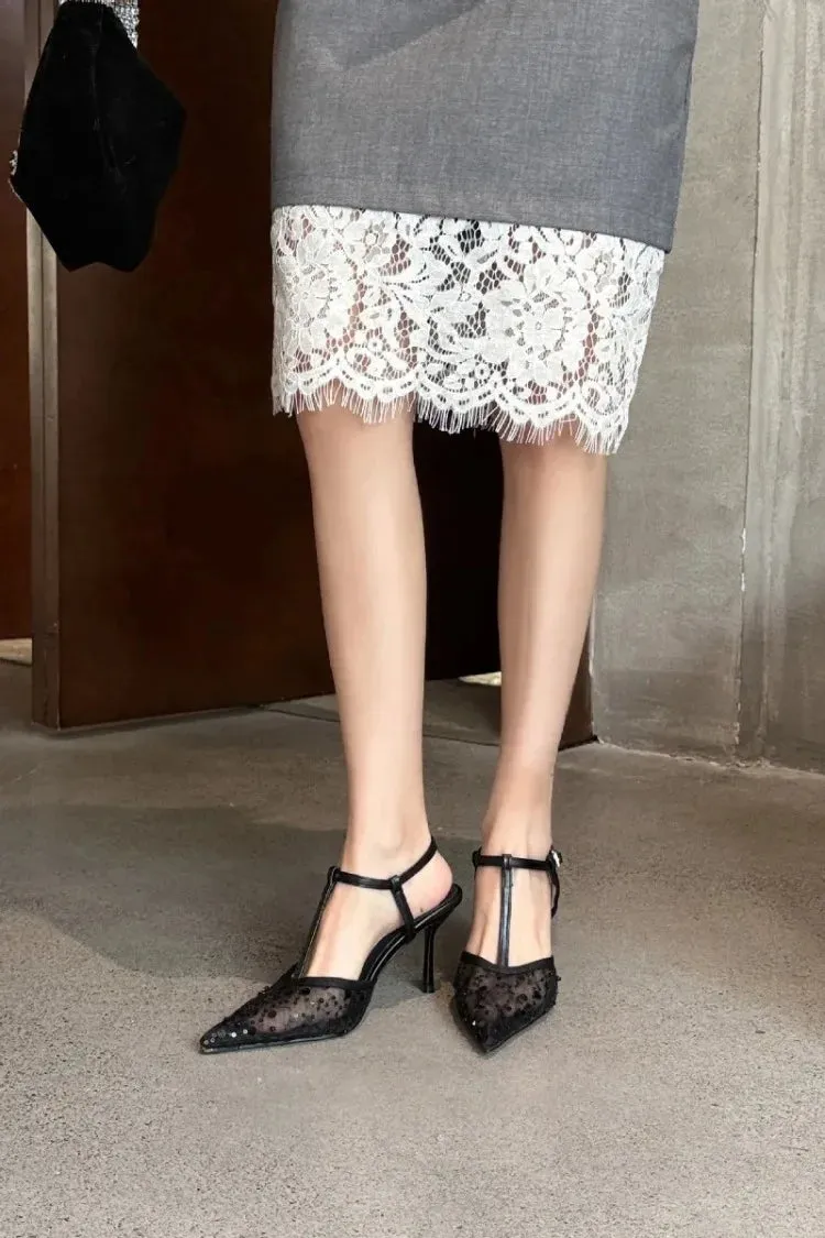 ADVBRIDGE  -  Sexy Pointy Toe Mesh Heeled Sandals Women Luxury Bling Decorated High Heels Elegant T-Strap Ankle Strap Buckle Party Dress Shoe