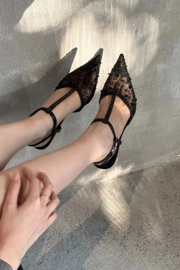 ADVBRIDGE  -  Sexy Pointy Toe Mesh Heeled Sandals Women Luxury Bling Decorated High Heels Elegant T-Strap Ankle Strap Buckle Party Dress Shoe