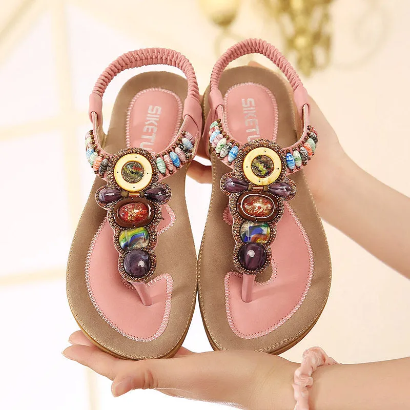 Ankle Strap Beaded Flat Heel Sandals