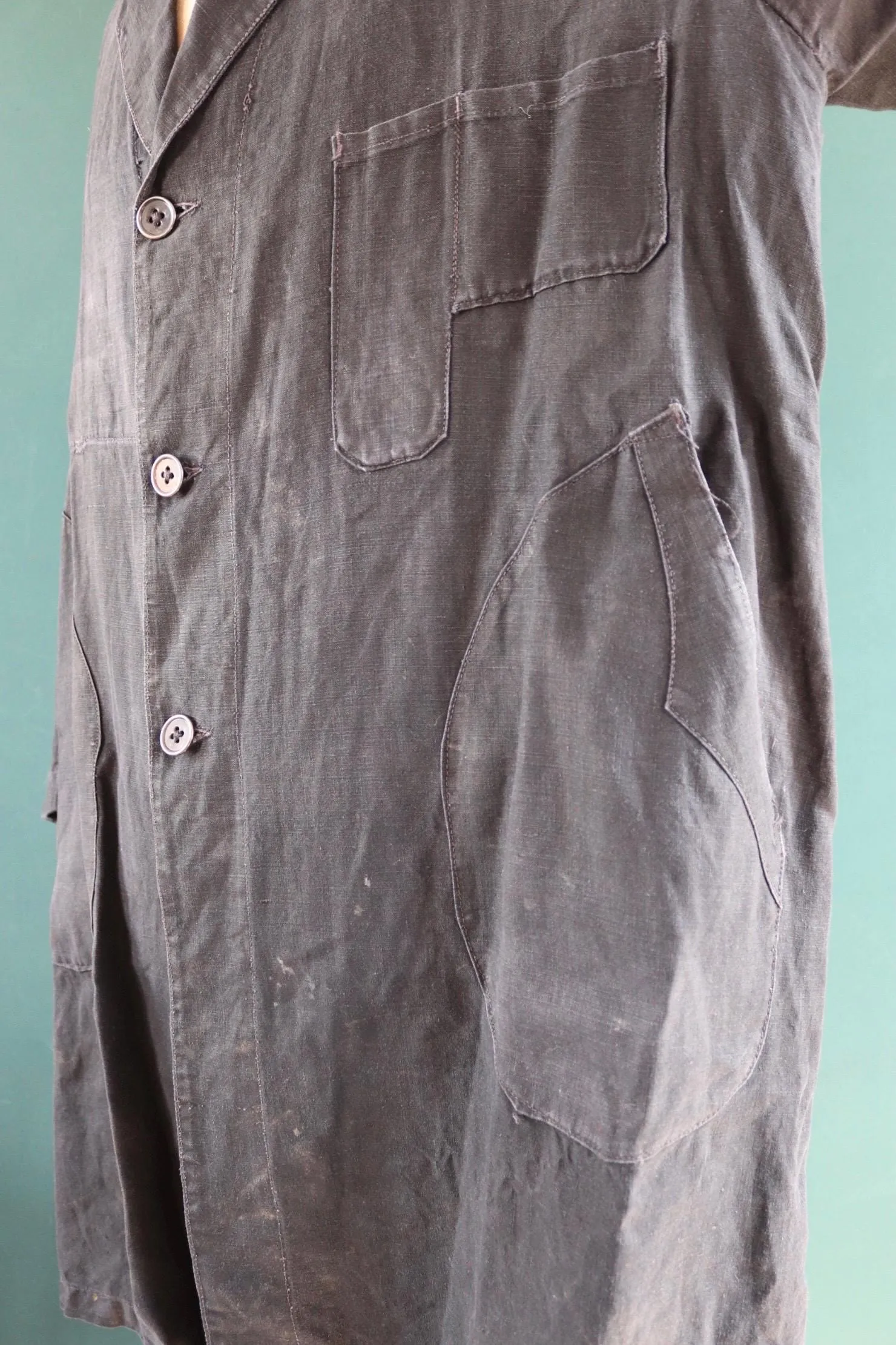 Antique French duster coat - vintage chore jacket - indigo linen workwear - maquignon - 51” chest