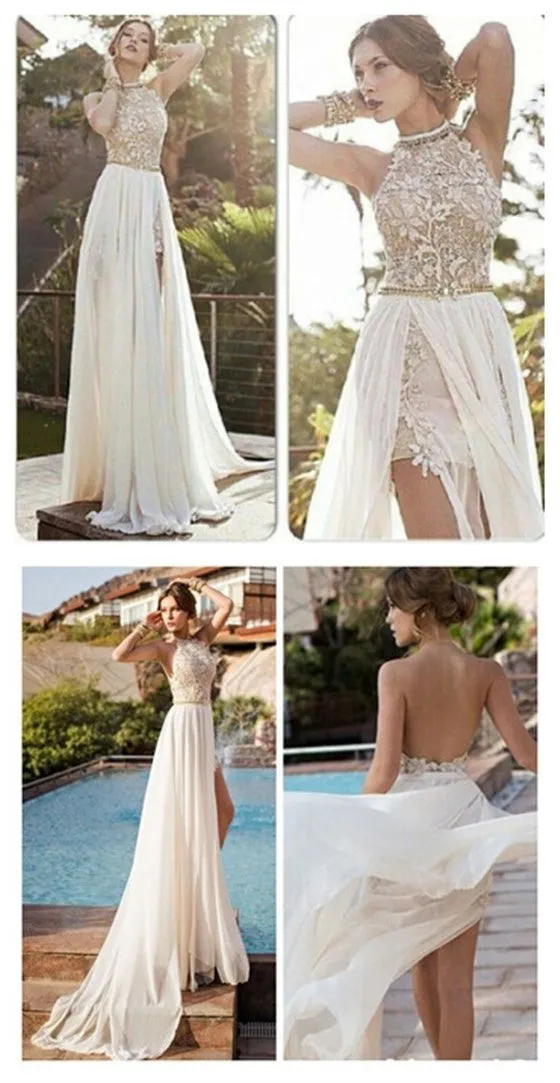 Backless Sexy High Neck Side Slit Ivory Lace Long Prom Dresses, BG51160