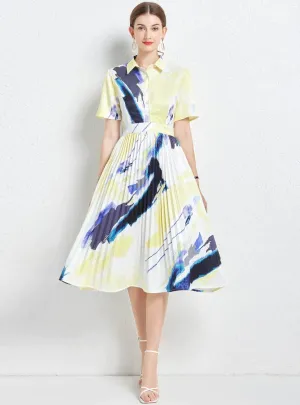 BerryBetty - Abstract Printed Pleated Shirt Dress