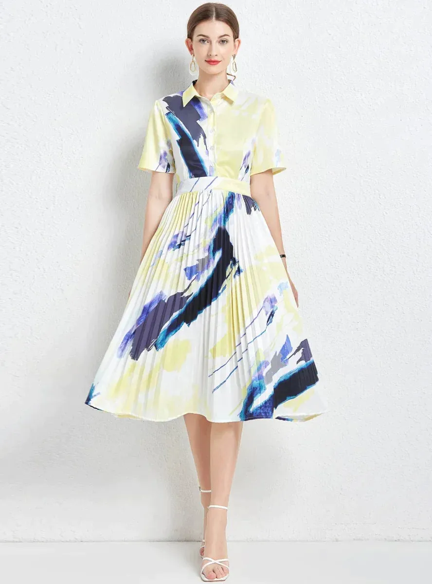 BerryBetty - Abstract Printed Pleated Shirt Dress