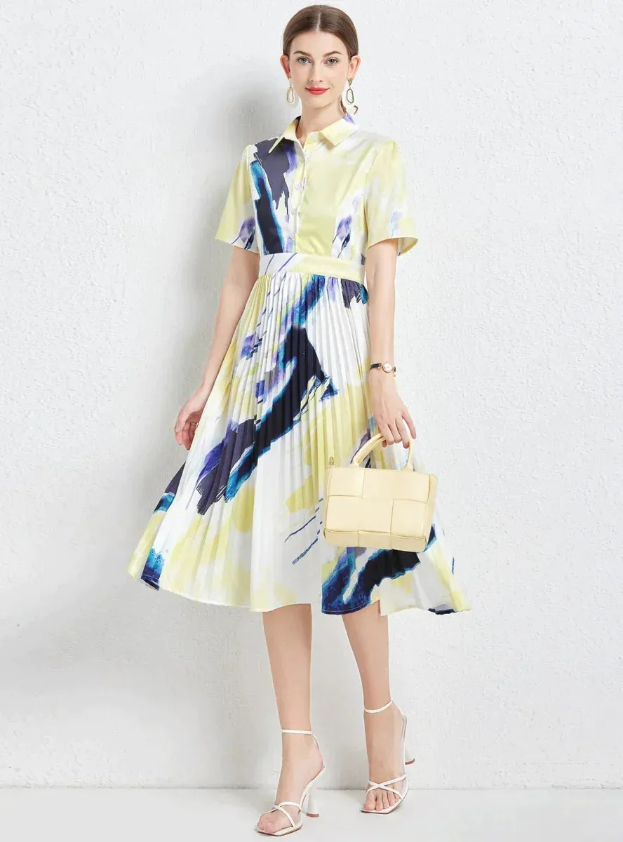 BerryBetty - Abstract Printed Pleated Shirt Dress