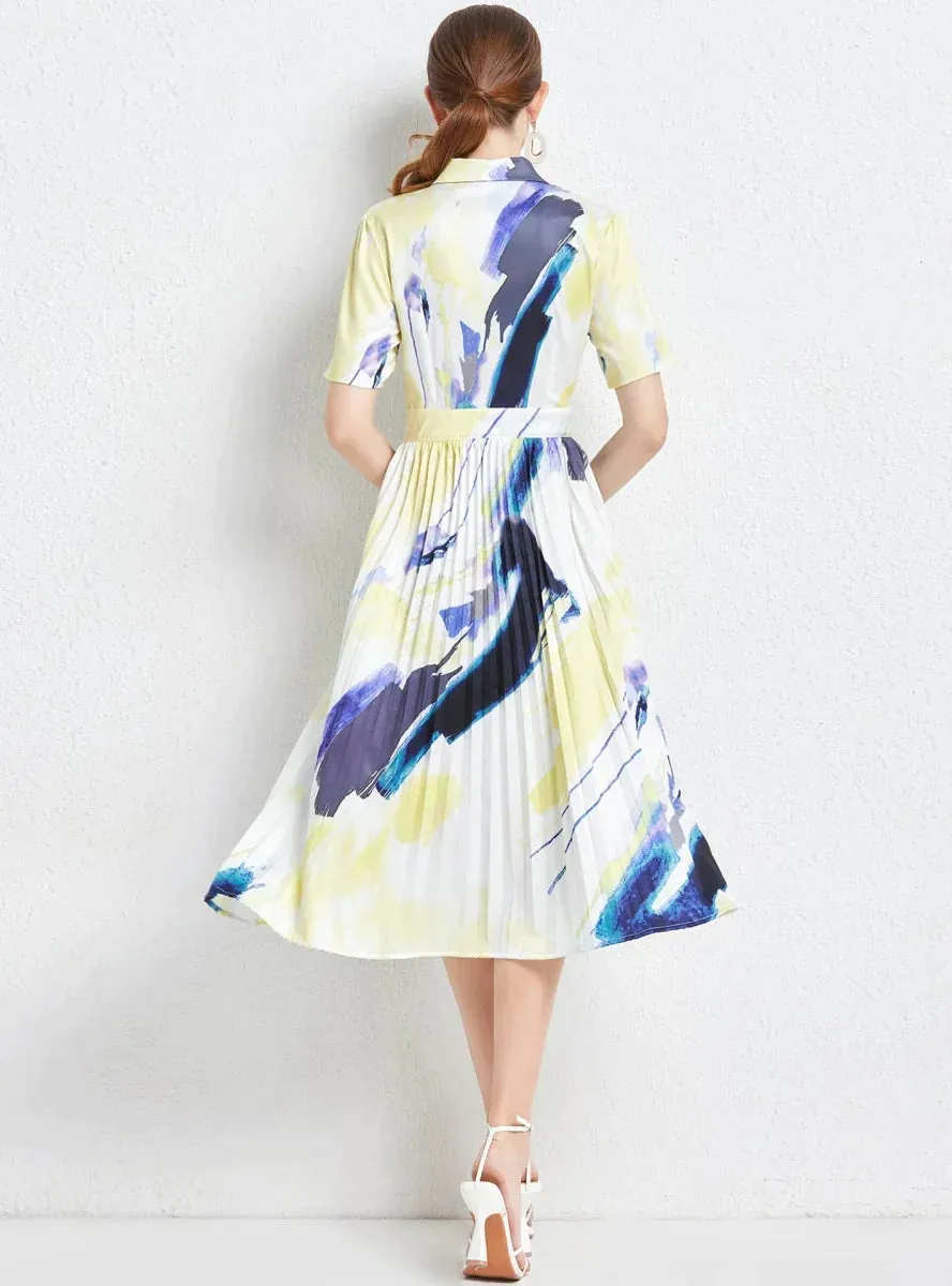 BerryBetty - Abstract Printed Pleated Shirt Dress