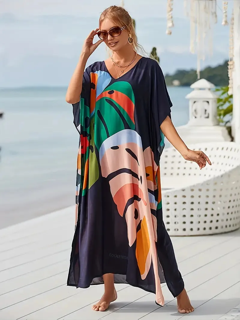 BerryBetty - Blue Print Bat Sleeve V Neck Summer Dress