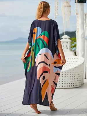 BerryBetty - Blue Print Bat Sleeve V Neck Summer Dress