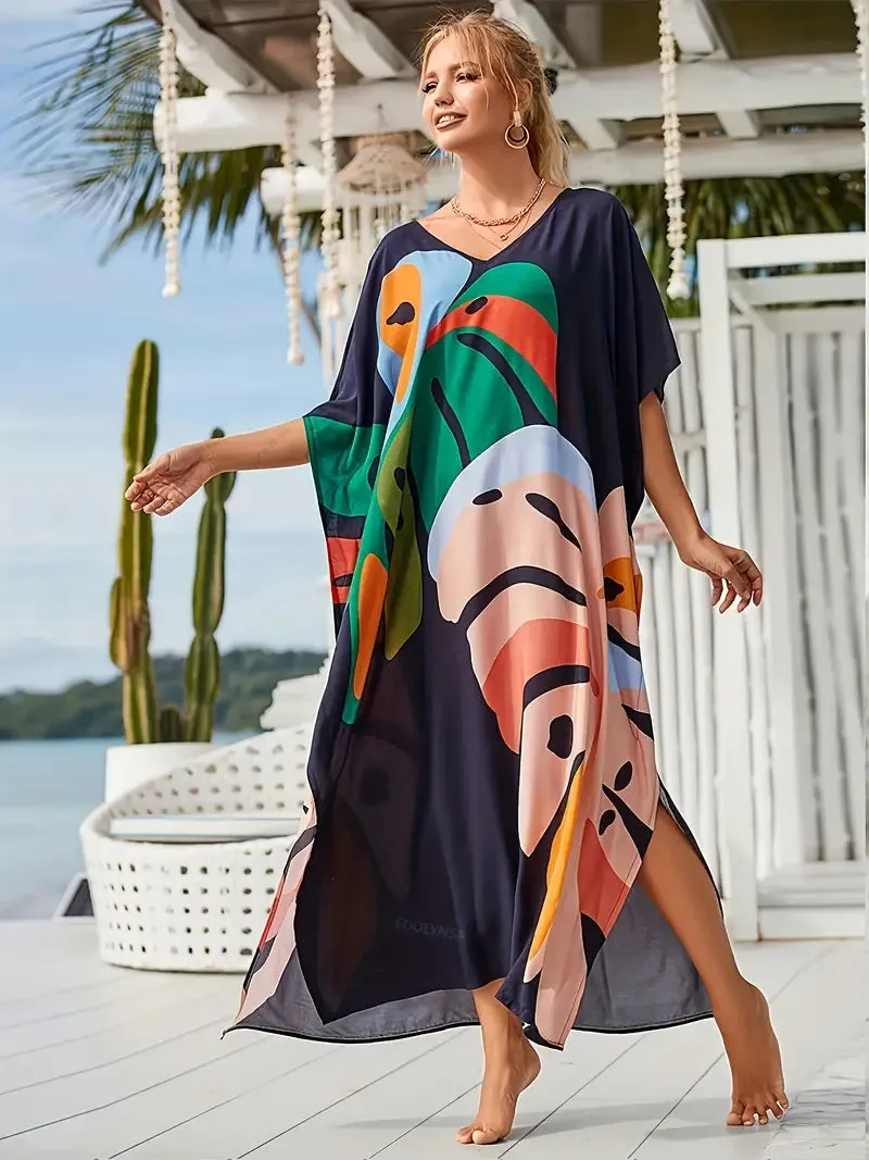 BerryBetty - Blue Print Bat Sleeve V Neck Summer Dress