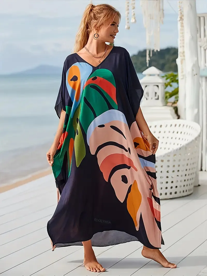 BerryBetty - Blue Print Bat Sleeve V Neck Summer Dress