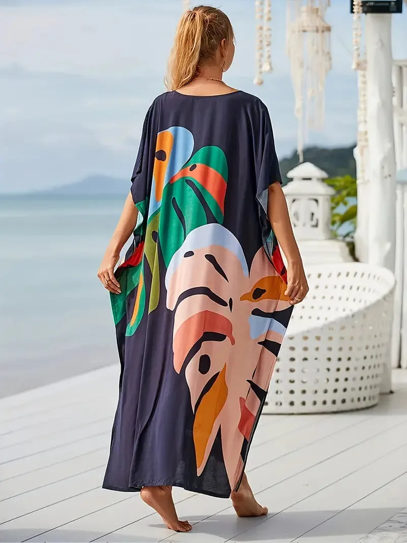 BerryBetty - Blue Print Bat Sleeve V Neck Summer Dress