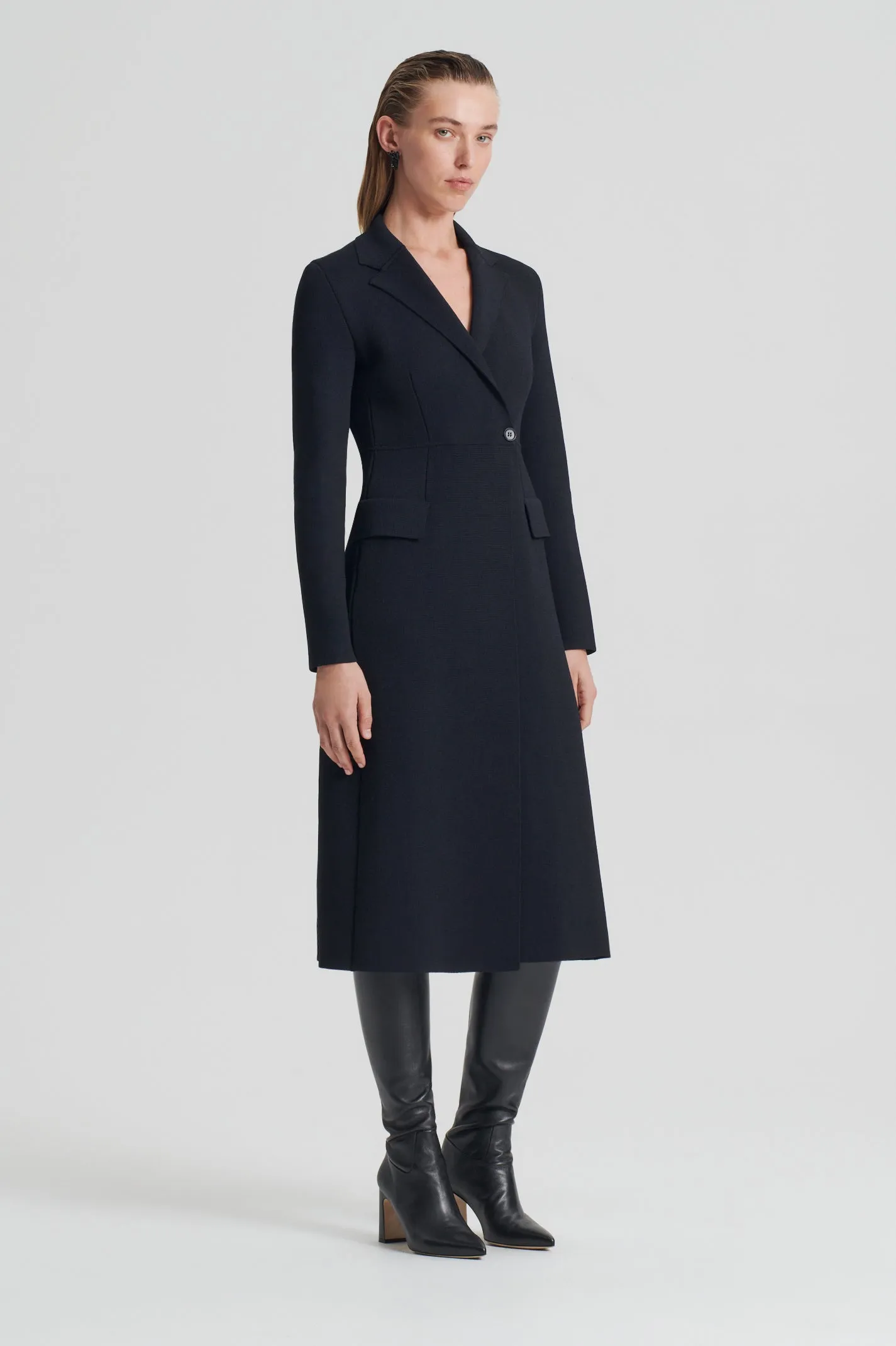 CREPE KNIT TAILORED COAT - BLACK