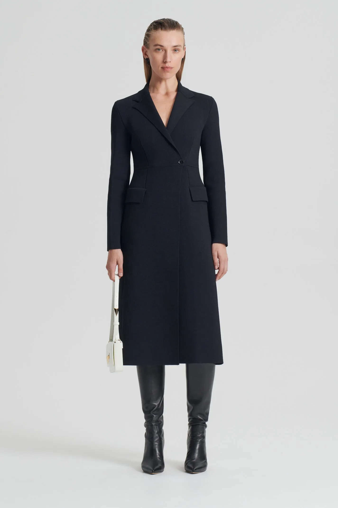 CREPE KNIT TAILORED COAT - BLACK