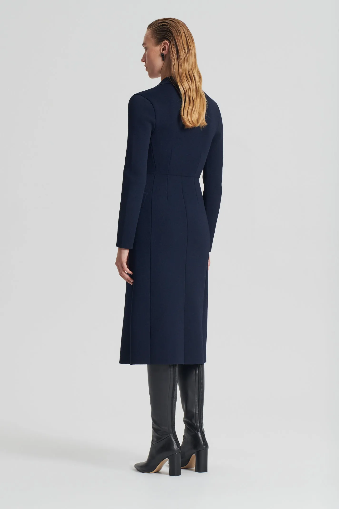 CREPE KNIT TAILORED COAT - NAVY
