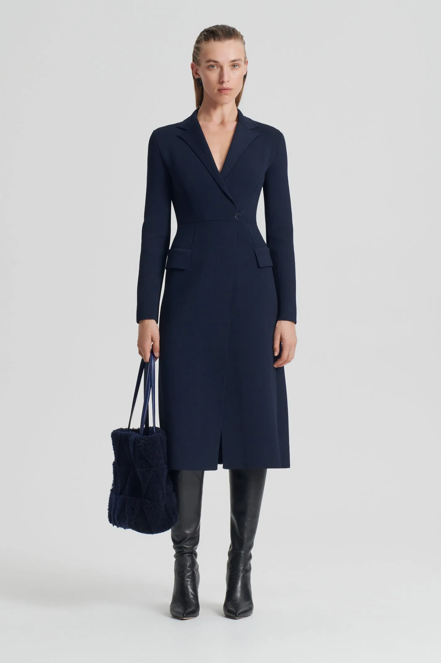 CREPE KNIT TAILORED COAT - NAVY