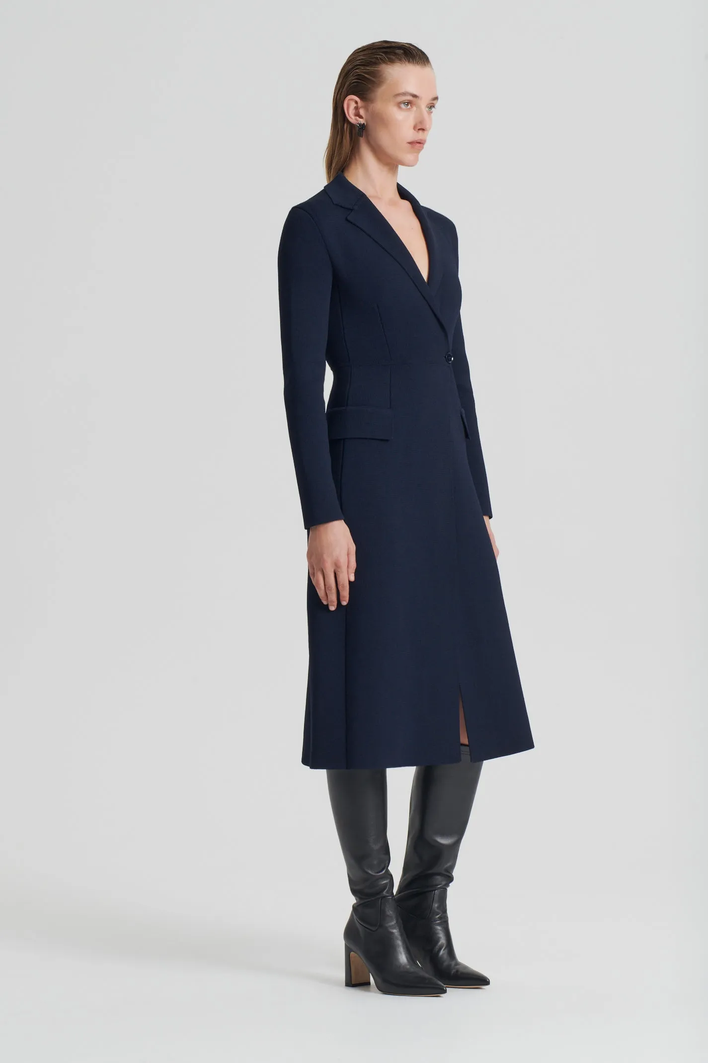 CREPE KNIT TAILORED COAT - NAVY