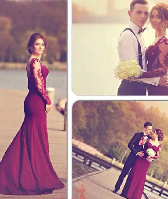 Custom Made Long Maroon Lace Prom Dresses, Formal Dresses
