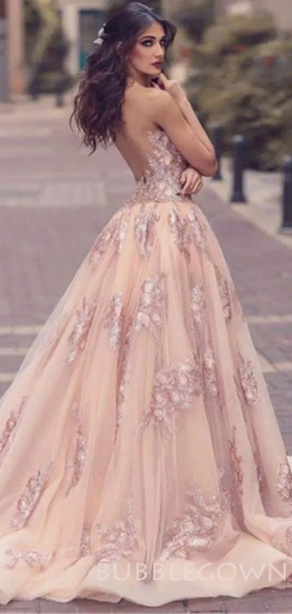 Deep V-neck Mermaid Pink Tulle Appliques Lace Long Evening Prom Dresses, MR7703