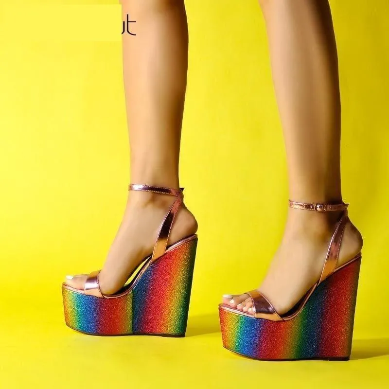 High Heels Ankle Strap Rainbow Wedges Dress Sandals