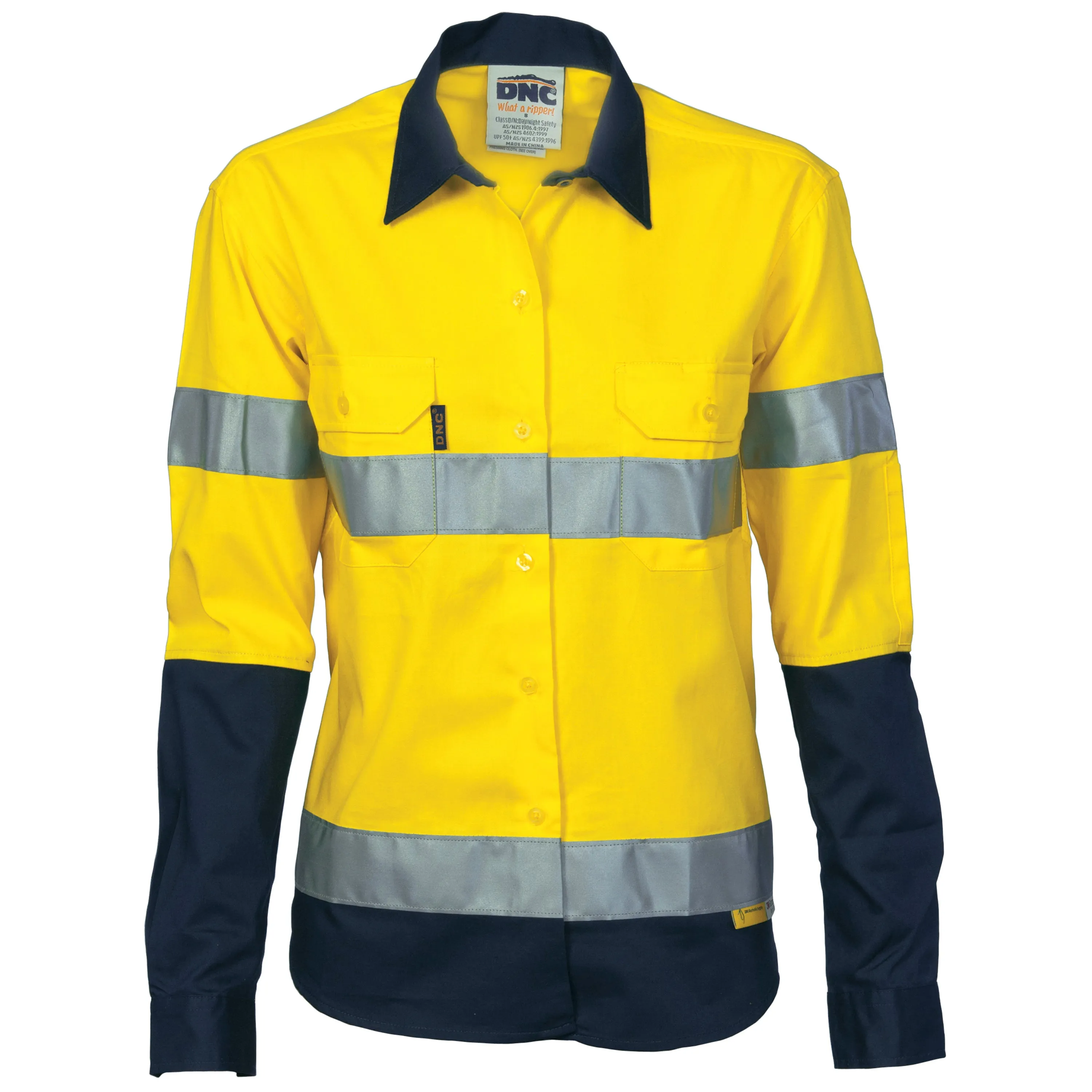 Ladies HiVis Drill Shirt - L/S reflective - Yellow / Navy