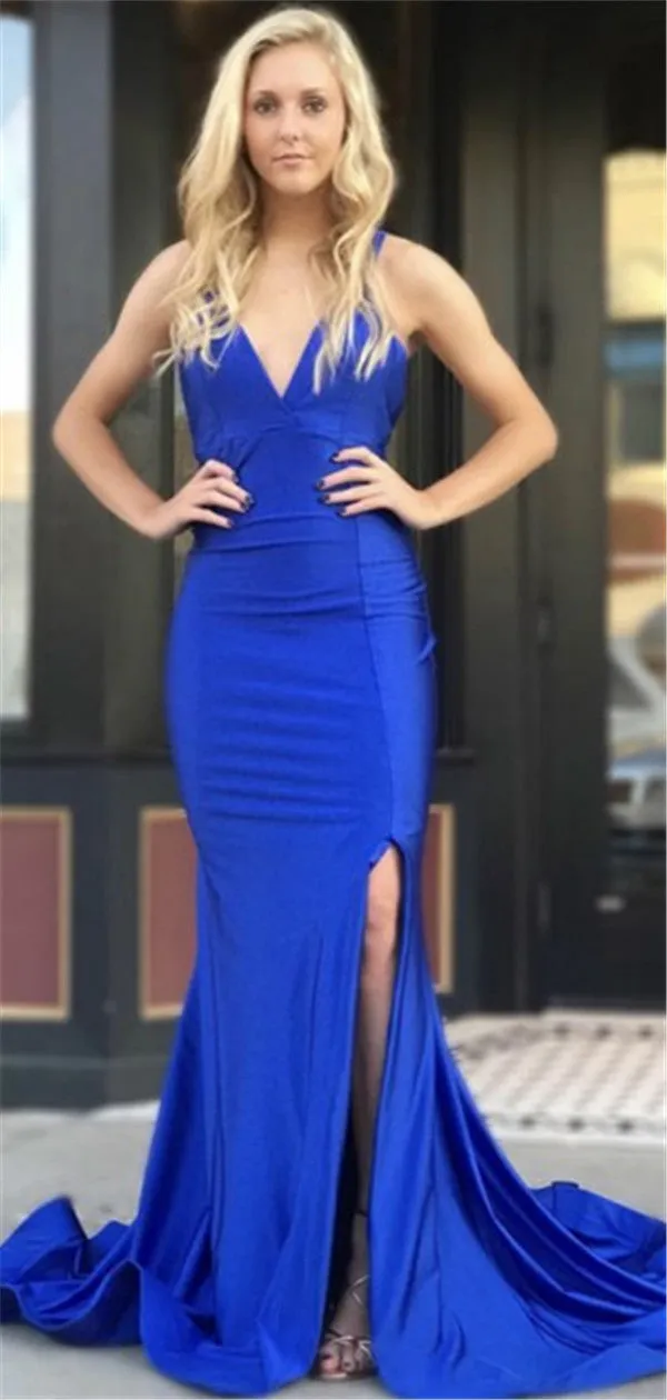 Mermaid Royal Blue V-neck Backless Prom Dress With Split, PD0714