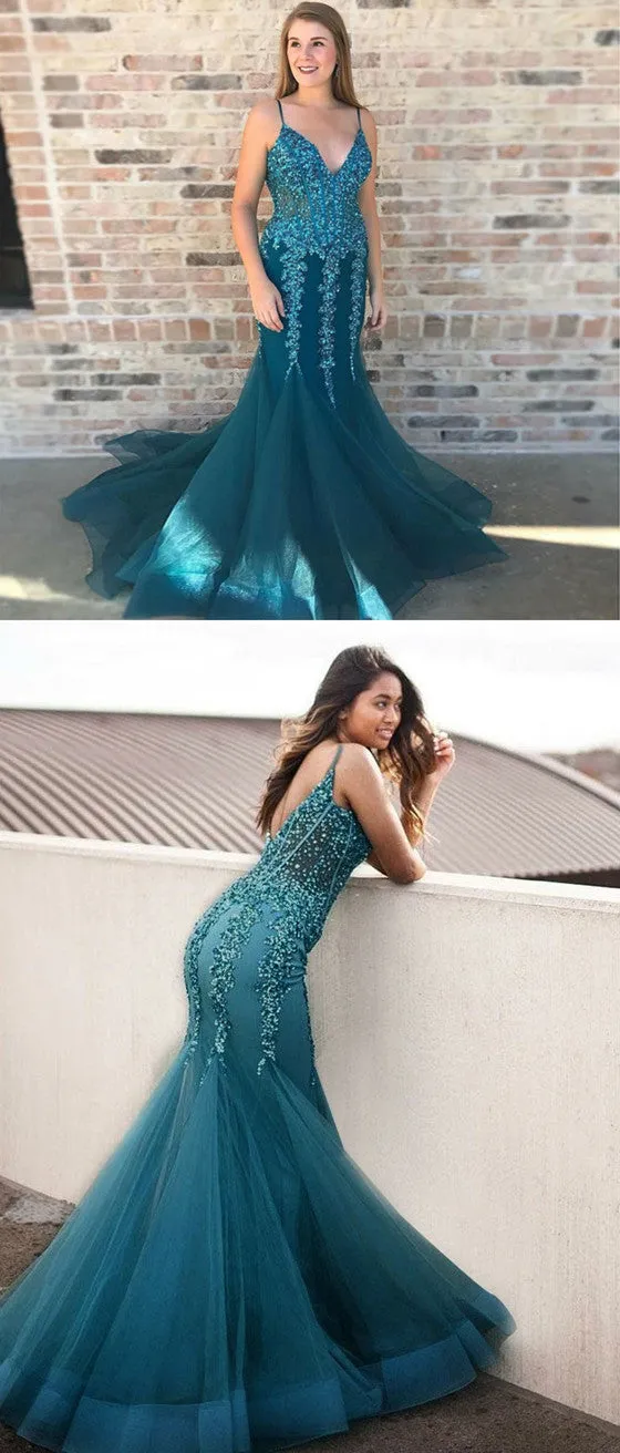 Mermaid Spaghetti Straps V-neck Sequins Backless Prom Dress, PD0596