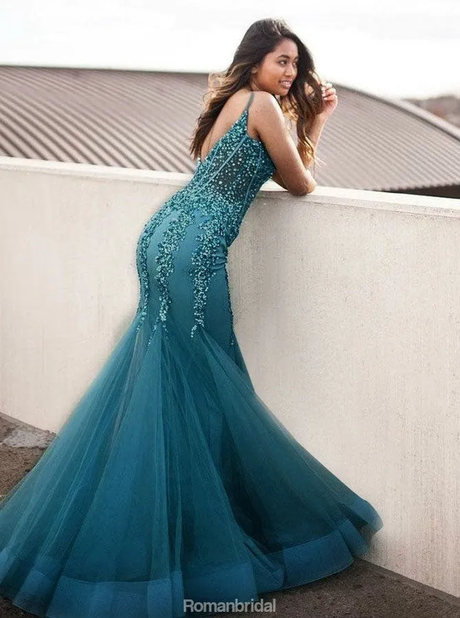 Mermaid Spaghetti Straps V-neck Sequins Backless Prom Dress, PD0596
