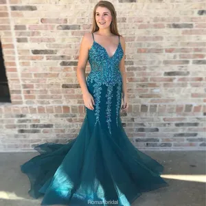 Mermaid Spaghetti Straps V-neck Sequins Backless Prom Dress, PD0596