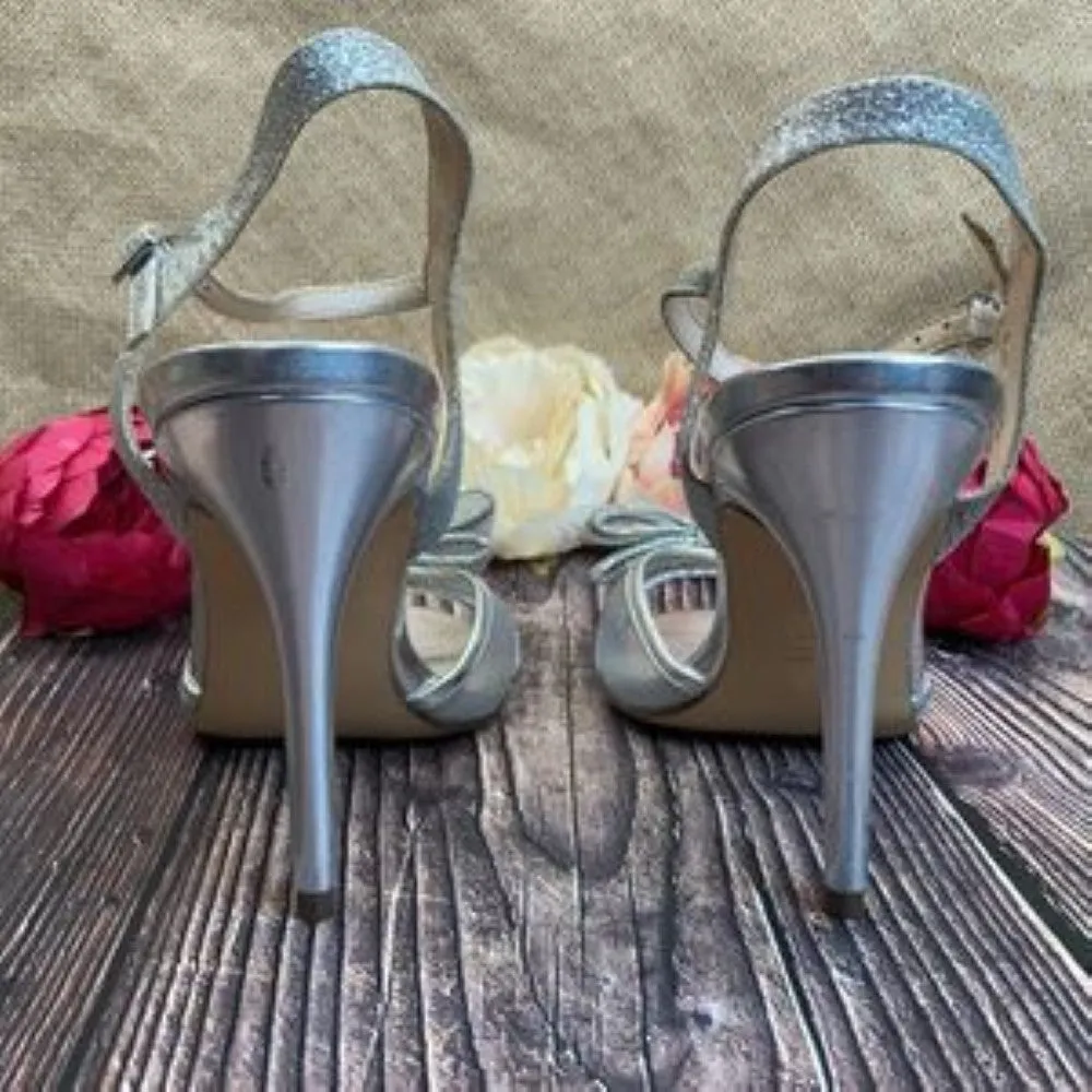 Nina Silver Glitter Charm Bow Evening Dress Sandals 8