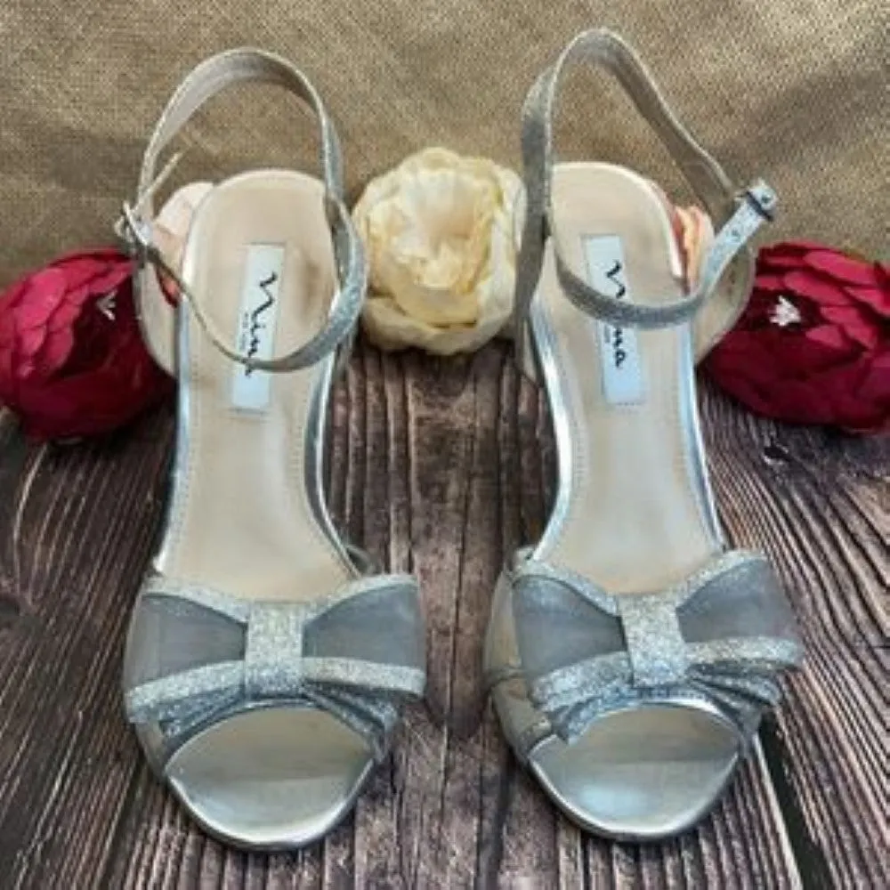 Nina Silver Glitter Charm Bow Evening Dress Sandals 8