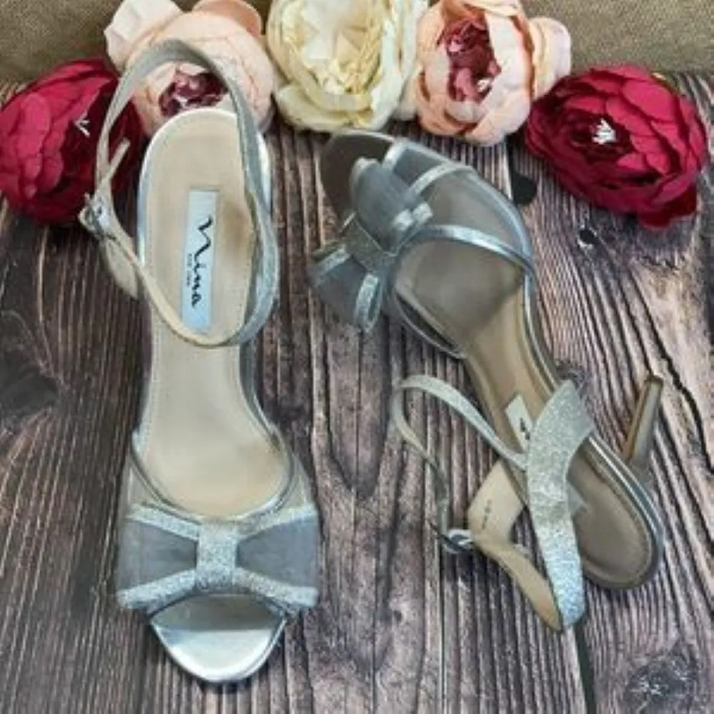 Nina Silver Glitter Charm Bow Evening Dress Sandals 8