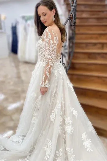 Off White Appliques Long Sleeves Backless A-Line Tulle Long Wedding Dress OK1910