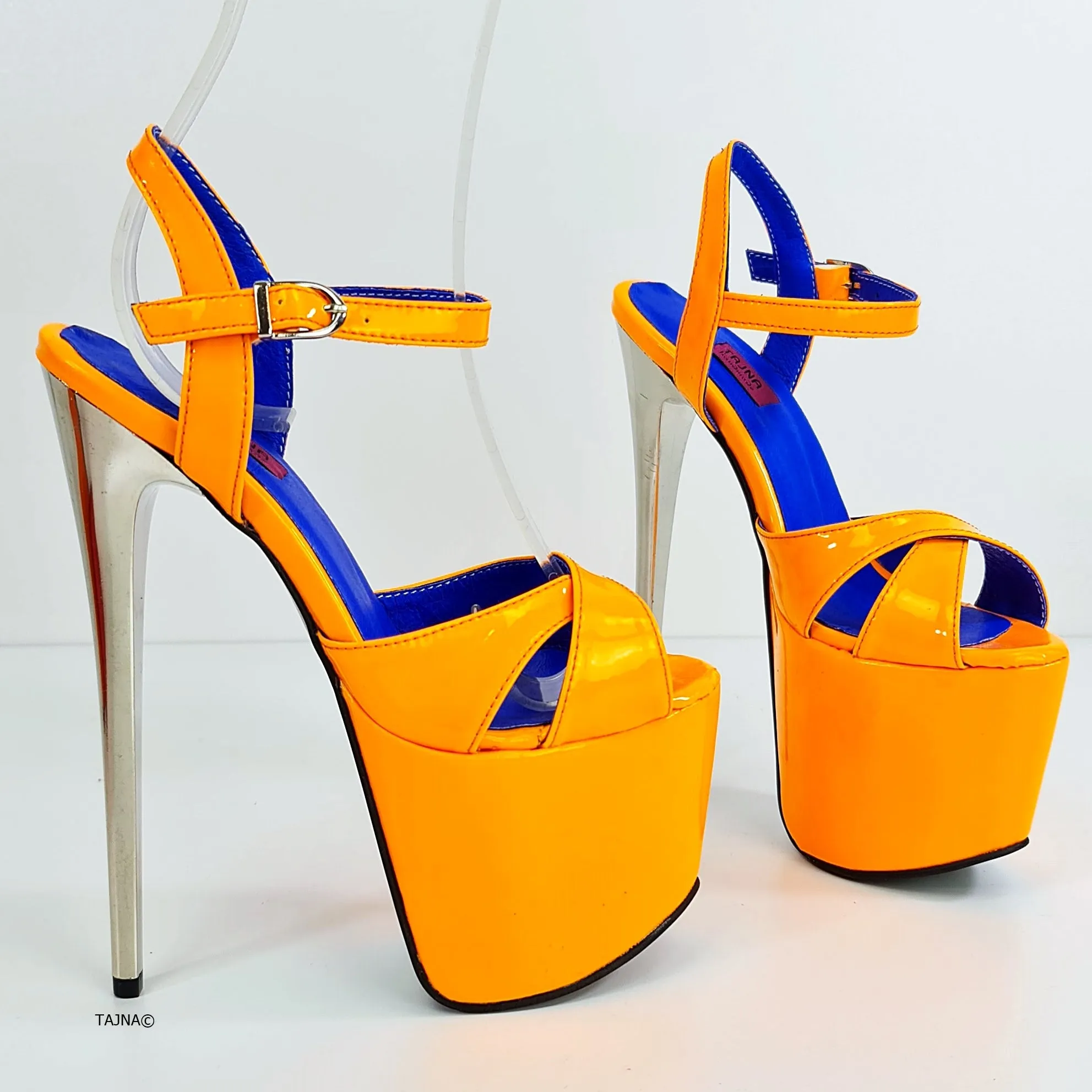Orange Gloss Metallic Heel Sandals