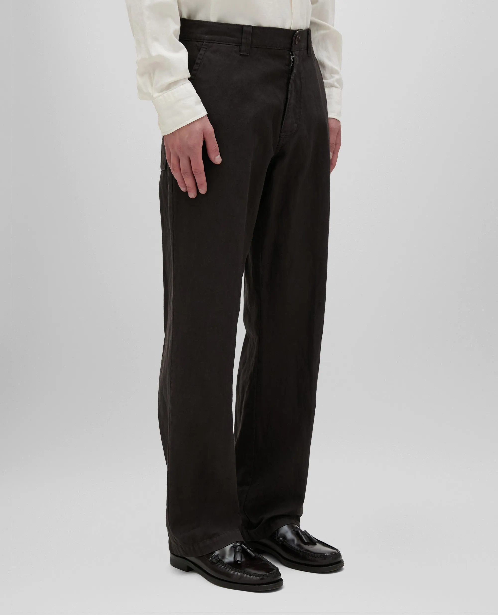 PANTALONE LAB IN TELA RUSTICA DI COTONE E LINO - MARRONE