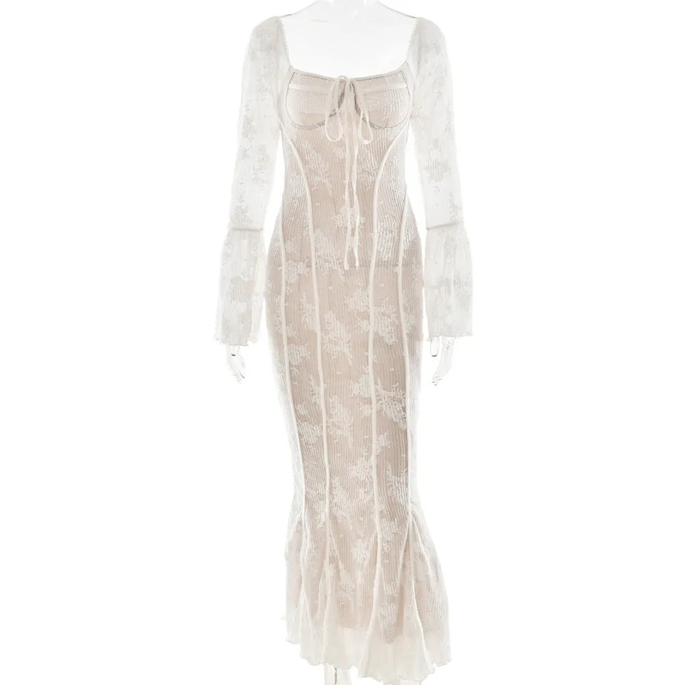 REALAIOT 2025 ins cross-border new horn sleeves, sexy lace tube top long dress, fashionable Spice Girl backless hip wrap dress