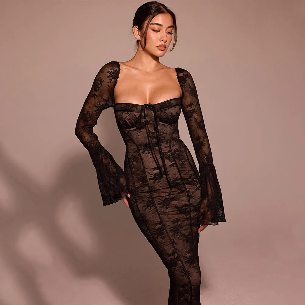 REALAIOT 2025 ins cross-border new horn sleeves, sexy lace tube top long dress, fashionable Spice Girl backless hip wrap dress