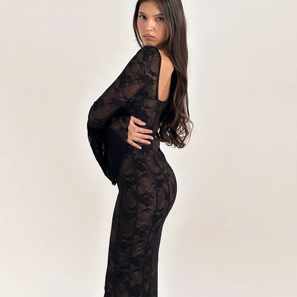 REALAIOT 2025 ins cross-border new horn sleeves, sexy lace tube top long dress, fashionable Spice Girl backless hip wrap dress
