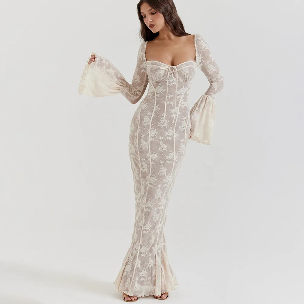 REALAIOT 2025 ins cross-border new horn sleeves, sexy lace tube top long dress, fashionable Spice Girl backless hip wrap dress