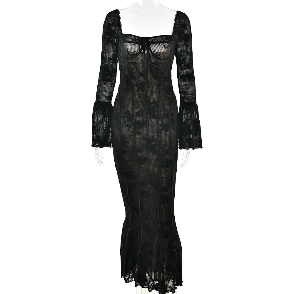REALAIOT 2025 ins cross-border new horn sleeves, sexy lace tube top long dress, fashionable Spice Girl backless hip wrap dress