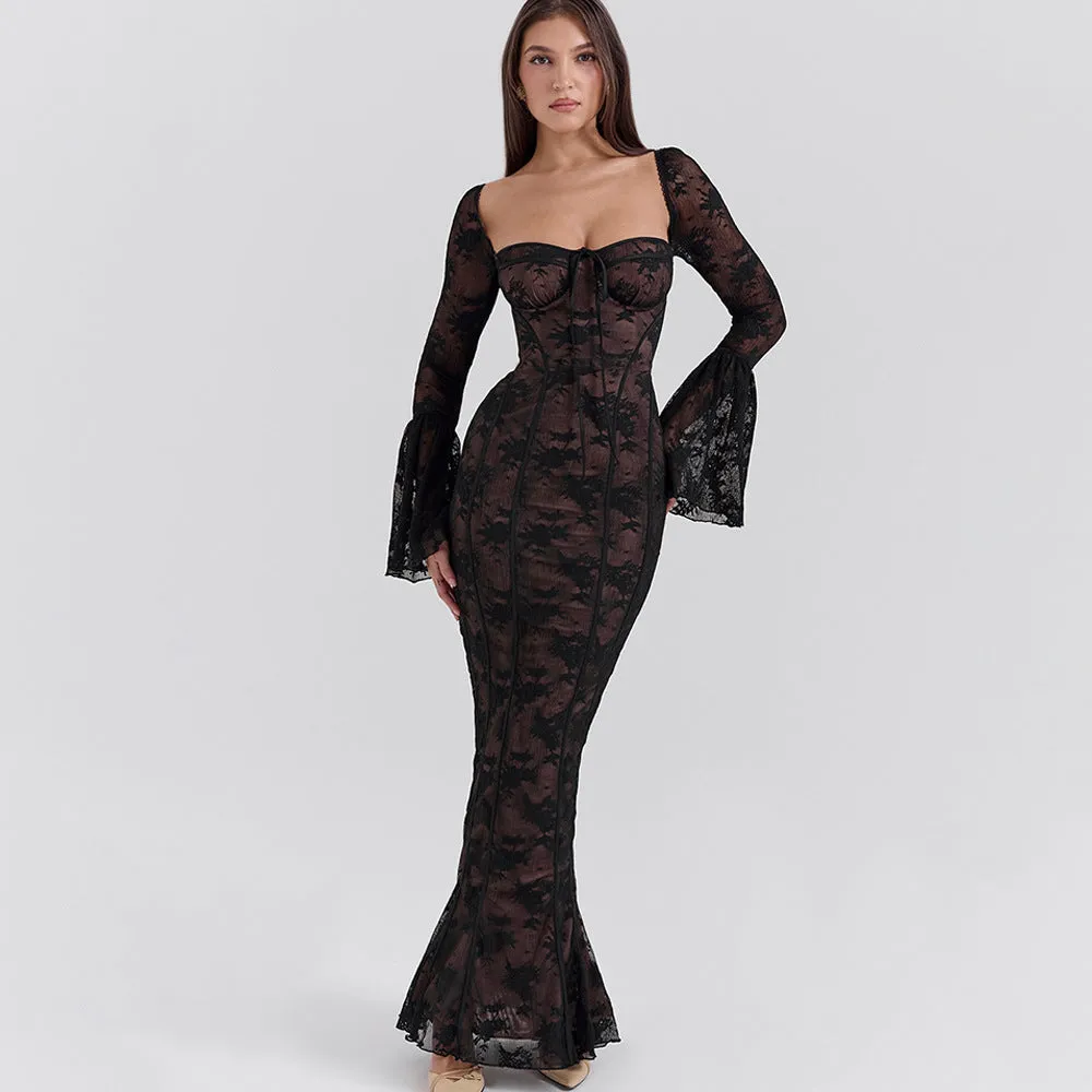 REALAIOT 2025 ins cross-border new horn sleeves, sexy lace tube top long dress, fashionable Spice Girl backless hip wrap dress