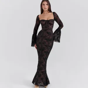REALAIOT 2025 ins cross-border new horn sleeves, sexy lace tube top long dress, fashionable Spice Girl backless hip wrap dress