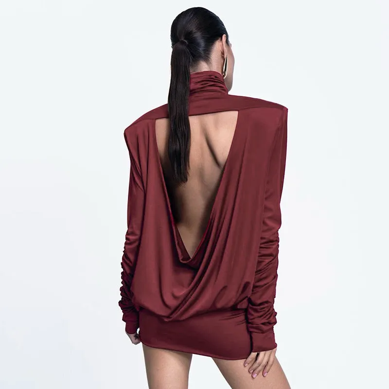 REALAIOT Sanhu Lianjiang F24DS300 2025 women's clothing autumn and winter turtleneck shoulder pads loose pleated sexy backless short skirt wholesale