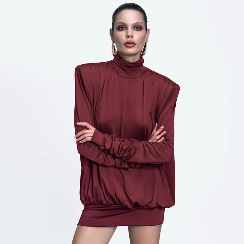 REALAIOT Sanhu Lianjiang F24DS300 2025 women's clothing autumn and winter turtleneck shoulder pads loose pleated sexy backless short skirt wholesale
