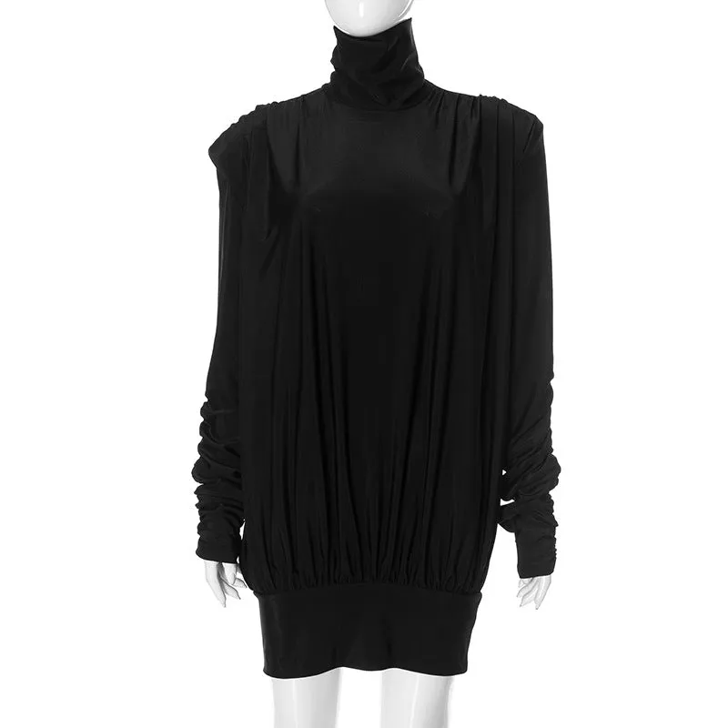 REALAIOT Sanhu Lianjiang F24DS300 2025 women's clothing autumn and winter turtleneck shoulder pads loose pleated sexy backless short skirt wholesale