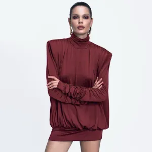REALAIOT Sanhu Lianjiang F24DS300 2025 women's clothing autumn and winter turtleneck shoulder pads loose pleated sexy backless short skirt wholesale