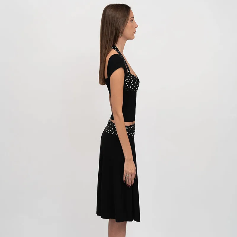 REALAIOT Sanhu Lianjiang G24ST342 2025 women's clothing neck-hanging short-sleeved backless top polka dot splicing skirt set wholesale