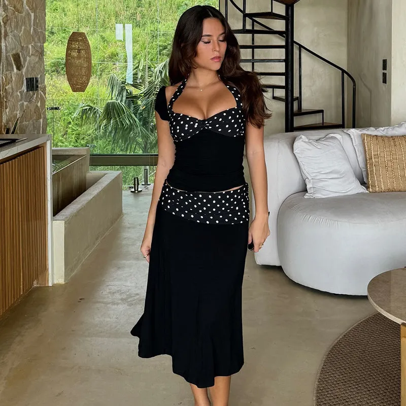 REALAIOT Sanhu Lianjiang G24ST342 2025 women's clothing neck-hanging short-sleeved backless top polka dot splicing skirt set wholesale
