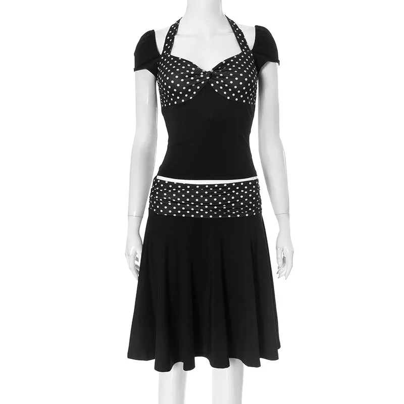 REALAIOT Sanhu Lianjiang G24ST342 2025 women's clothing neck-hanging short-sleeved backless top polka dot splicing skirt set wholesale