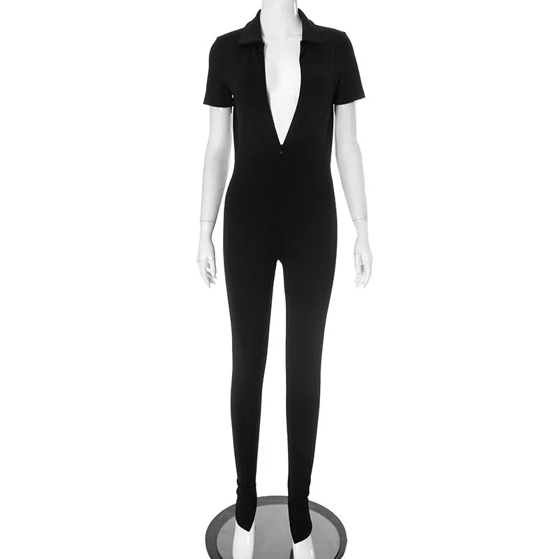 REALAIOT Sanhu Lianjiang Y24JP680 2025 women's clothing sexy zipper lapel hollow backless tight jumpsuit wholesale