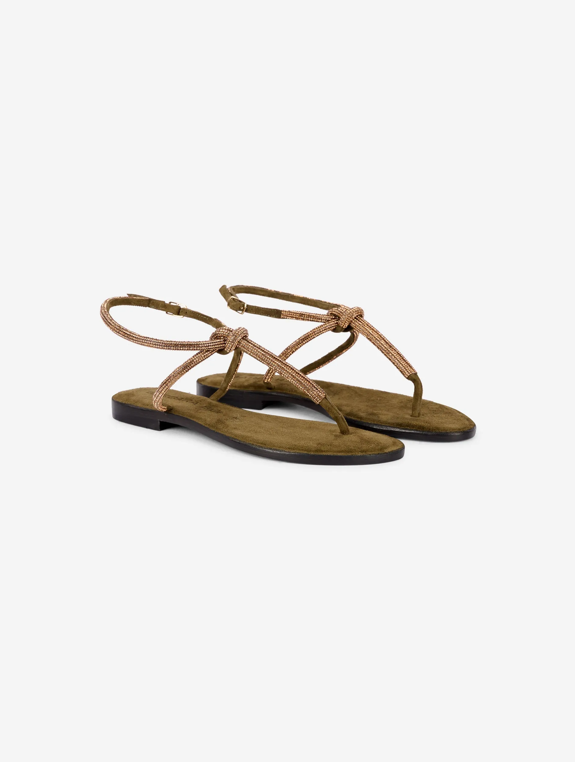 Rhinestone olive green suede sandals